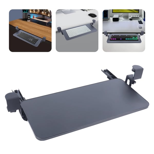 Tastatur- og musebakke - Skydbar under skrivebord - L-form - Klemme-montering - Teak & aluminiumlegering - Samles - Til computerbord