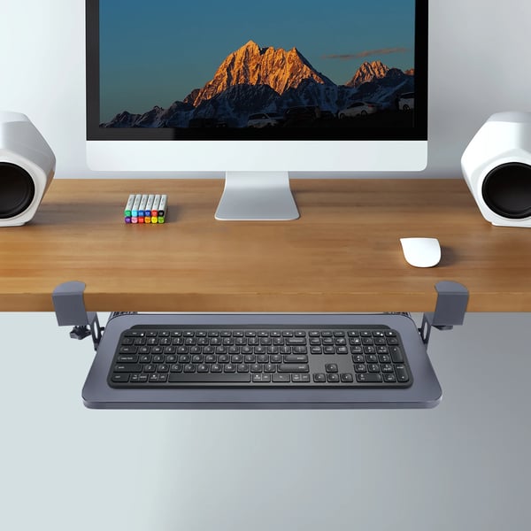 Tastatur- og musebakke - Skydbar under skrivebord - L-form - Klemme-montering - Teak & aluminiumlegering - Samles - Til computerbord