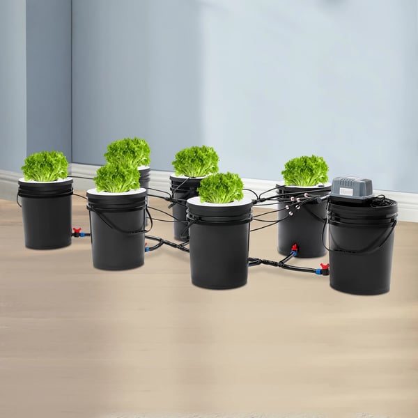 Hydroponisk dyrkningssystem - DWC-sæt - Med pumpe - 7 spande - 16,7 L - EU-stik - PP-plast - Sort