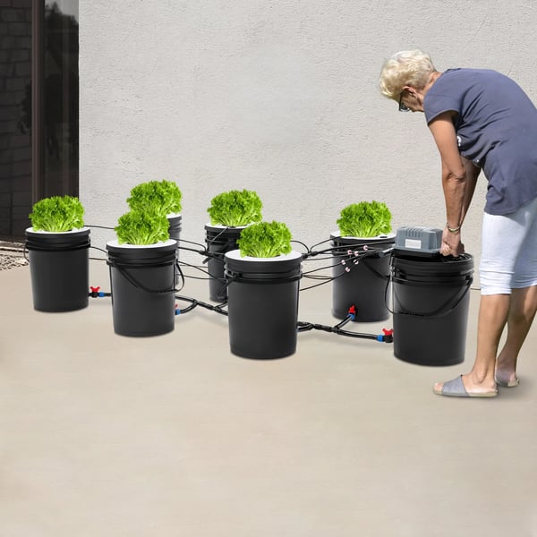 Hydroponisk dyrkningssystem - DWC-sæt - Med pumpe - 7 spande - 16,7 L - EU-stik - PP-plast - Sort