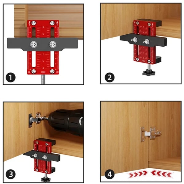 Monteringsjig til skabslåge - Installationsskabelon - Justerbar 10–60 mm - Til rammeløse og rammede skabe - Aluminiumlegering - Rød
