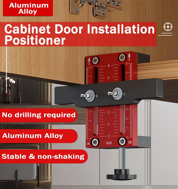 Monteringsjig til skabslåge - Installationsskabelon - Justerbar 10–60 mm - Til rammeløse og rammede skabe - Aluminiumlegering - Rød