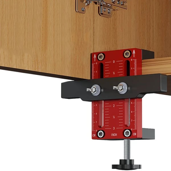 Monteringsjig til skabslåge - Installationsskabelon - Justerbar 10–60 mm - Til rammeløse og rammede skabe - Aluminiumlegering - Rød