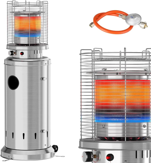 Terrassevarmer - Gas JN-B-XX - 6,5 kW - Rækkevidde 3,5 m - Sikkerhedsstop & væltesikring - Med hjul - Mål 46×46×125 cm - Sølv