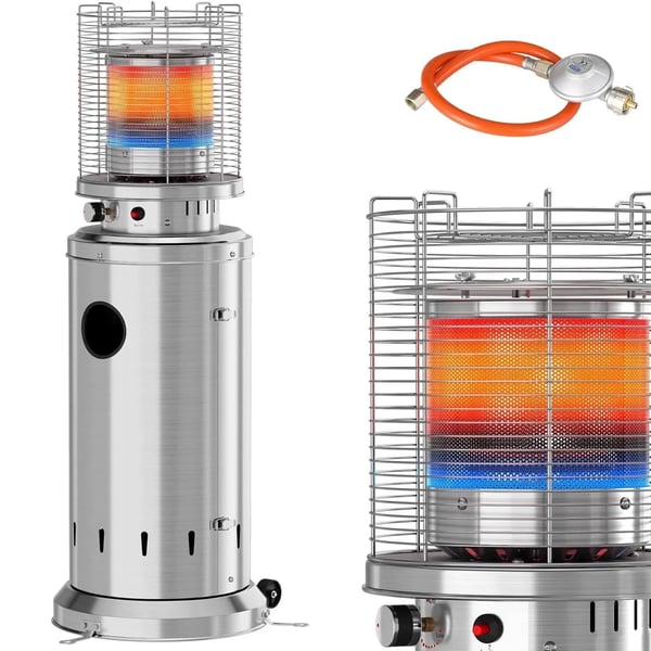 Terrassevarmer - Gas JN-B-XX - 6,5 kW - Rækkevidde 3,5 m - Sikkerhedsstop & væltesikring - Med hjul - Mål 46×46×125 cm - Sølv