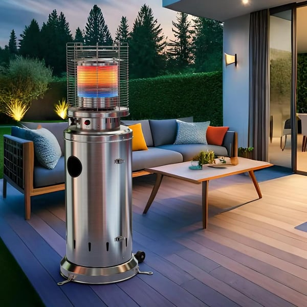 Terrassevarmer - Gas JN-B-XX - 6,5 kW - Rækkevidde 3,5 m - Sikkerhedsstop & væltesikring - Med hjul - Mål 46×46×125 cm - Sølv