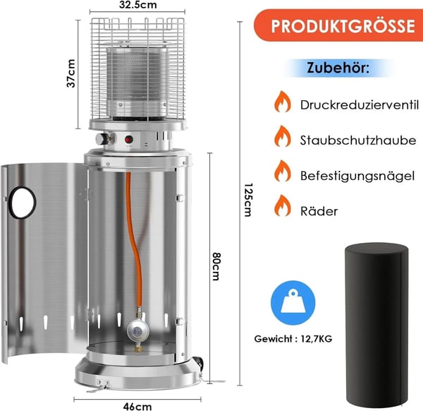 Terrassevarmer - Gas JN-B-XX - 6,5 kW - Rækkevidde 3,5 m - Sikkerhedsstop & væltesikring - Med hjul - Mål 46×46×125 cm - Sølv