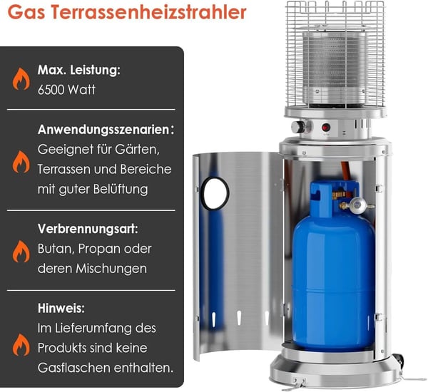 Terrassevarmer - Gas JN-B-XX - 6,5 kW - Rækkevidde 3,5 m - Sikkerhedsstop & væltesikring - Med hjul - Mål 46×46×125 cm - Sølv