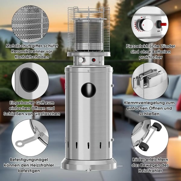 Terrassevarmer - Gas JN-B-XX - 6,5 kW - Rækkevidde 3,5 m - Sikkerhedsstop & væltesikring - Med hjul - Mål 46×46×125 cm - Sølv