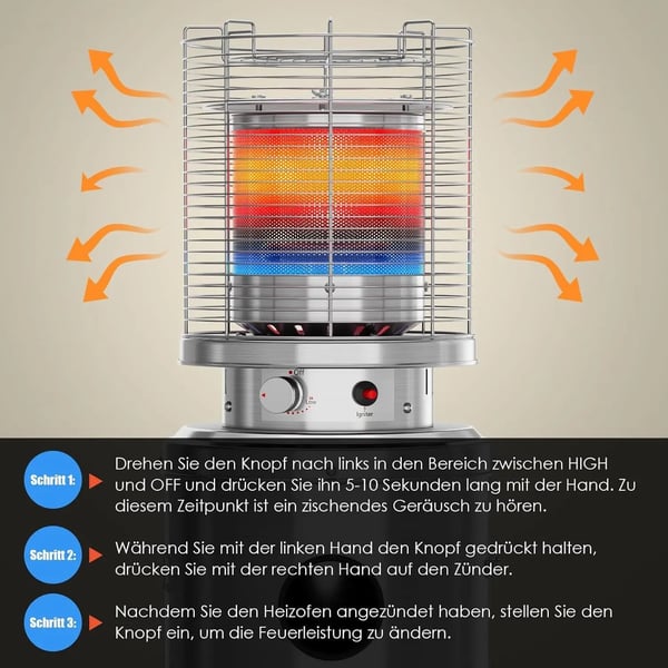 Terrassevarmer - Gas JN-B-XX - 6,5 kW - Rækkevidde 3,5 m - Sikkerhedsstop & væltesikring - Med hjul - Mål 46×46×125 cm - Sølv