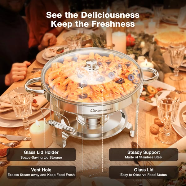 Chafing Dish Buffetsæt - Rund 5 qt 4-pak - Rustfrit Stål - Buffet-/Cateringvarmer - Sølv