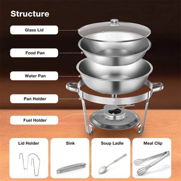Chafing Dish Buffetsæt - Rund 5 qt 4-pak - Rustfrit Stål - Buffet-/Cateringvarmer - Sølv