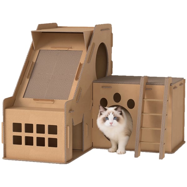 Kattklösbräda i korrugerad kartong - Slottsform - 2‑i‑1 - Dubbla nivåer - 2 katmyntaytor - 67×66×57 cm - Gul