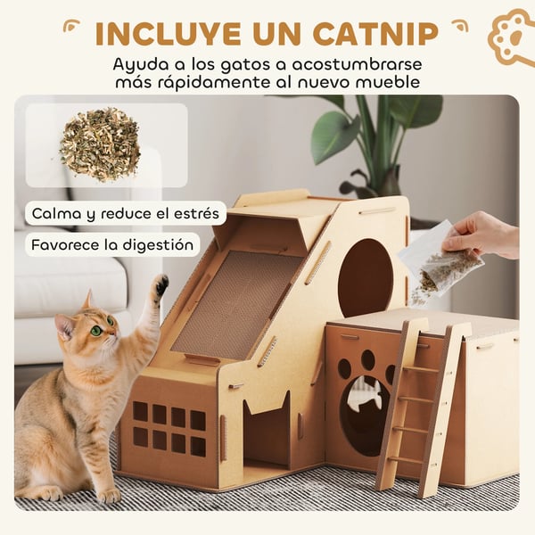 Kattklösbräda i korrugerad kartong - Slottsform - 2‑i‑1 - Dubbla nivåer - 2 katmyntaytor - 67×66×57 cm - Gul