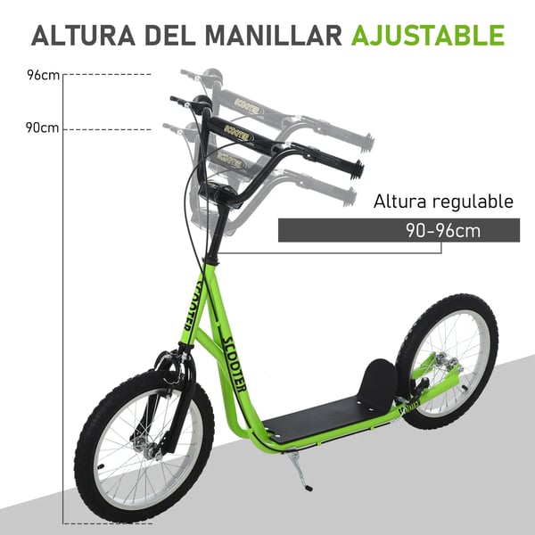 Barnscooter - Sparkcykel - Från 5 år - Höjbart styre - Luftfyllda gummidäck - Dubbla bromsar - Max 100 kg - 139x58x96 cm - Grön