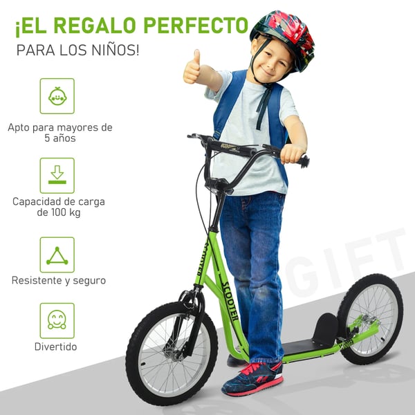 Barnscooter - Sparkcykel - Från 5 år - Höjbart styre - Luftfyllda gummidäck - Dubbla bromsar - Max 100 kg - 139x58x96 cm - Grön