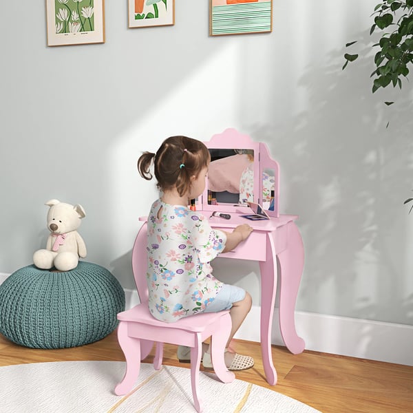 Sminkbord för barn - Toalettbord med spegel - Trä - Med pall och låda - För 3–6 år - Lila
