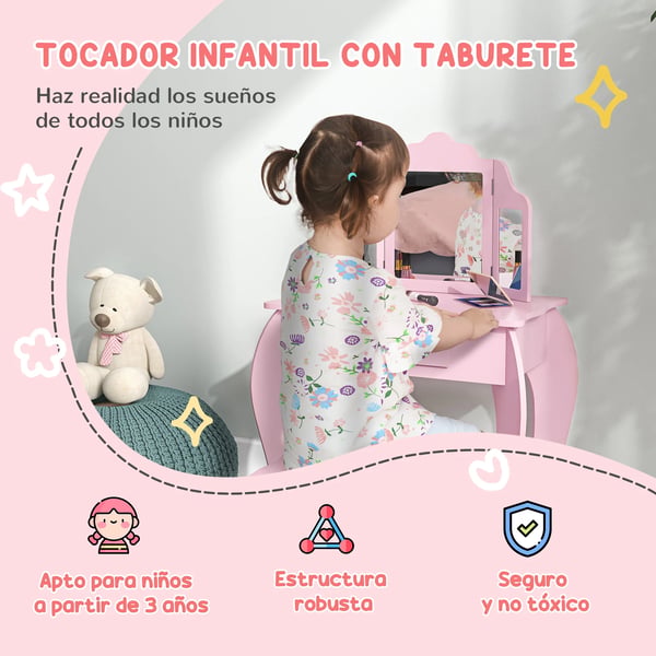 Sminkbord för barn - Toalettbord med spegel - Trä - Med pall och låda - För 3–6 år - Lila
