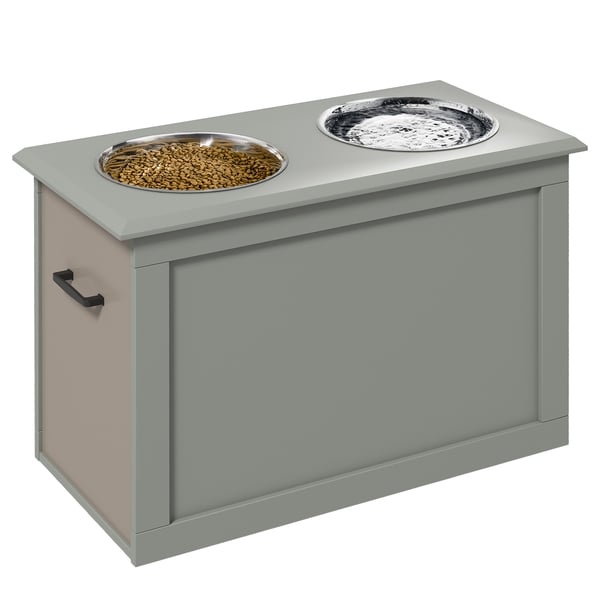 Upphöjd hundmatsstation - Skålställ med 2 rostfria skålar - 2×2000 ml - Vikbart lock & dold förvaring - För stora hundar - Grå