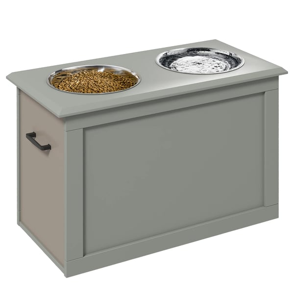 Upphöjd hundmatsstation - Skålställ med 2 rostfria skålar - 2×2000 ml - Vikbart lock & dold förvaring - För stora hundar - Grå