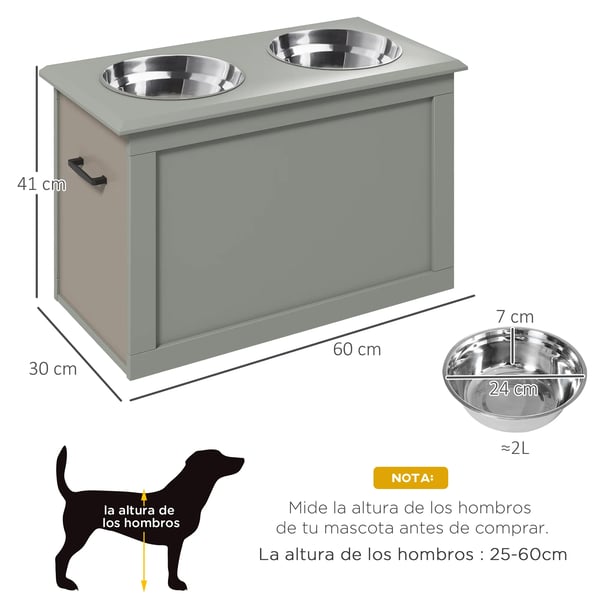 Upphöjd hundmatsstation - Skålställ med 2 rostfria skålar - 2×2000 ml - Vikbart lock & dold förvaring - För stora hundar - Grå