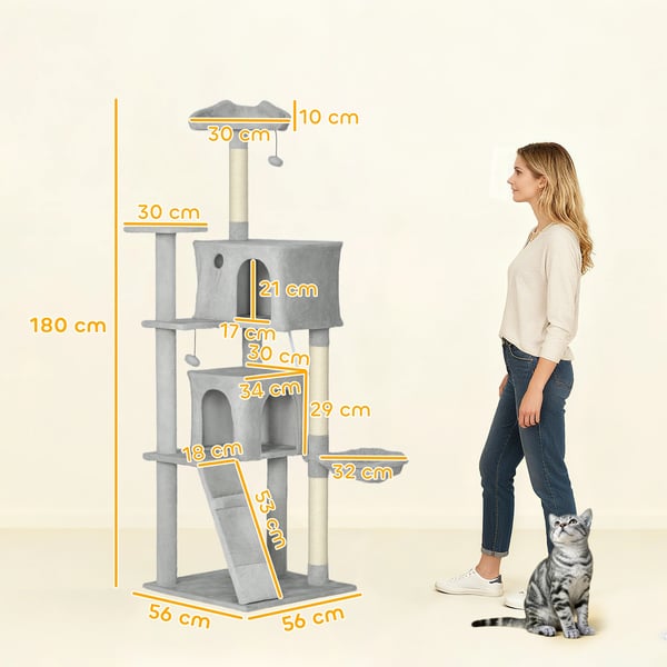 Kattklösträd - Katträd - Höjd 180 cm - Fyra Nivåer - Flera Plattformar - Spånskiva & Plysch - Ljusgrå