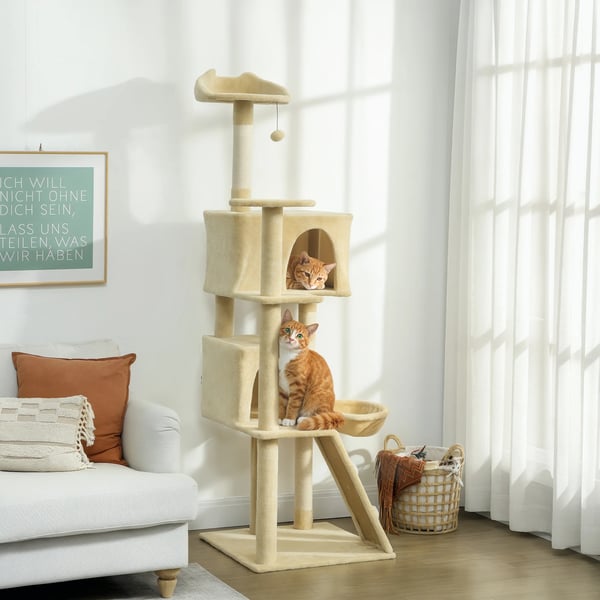 Klösträd för katt - Kattklätterträd - 180 cm Höjd - 4 Nivåer och Flera Plattformar - Spånskiva & Plysch - Vit