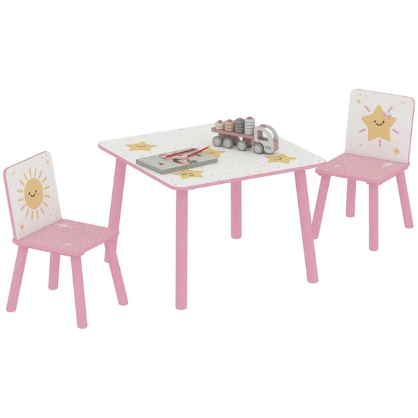Barnbord och 2 stolar - 3-delars set - MDF och furu - 60x60x44 cm - Minimalistisk design - Montering krävs - Rosa