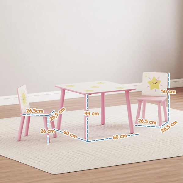 Barnbord och 2 stolar - 3-delars set - MDF och furu - 60x60x44 cm - Minimalistisk design - Montering krävs - Rosa