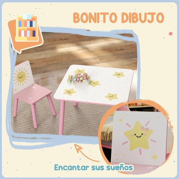 Barnbord och 2 stolar - 3-delars set - MDF och furu - 60x60x44 cm - Minimalistisk design - Montering krävs - Rosa