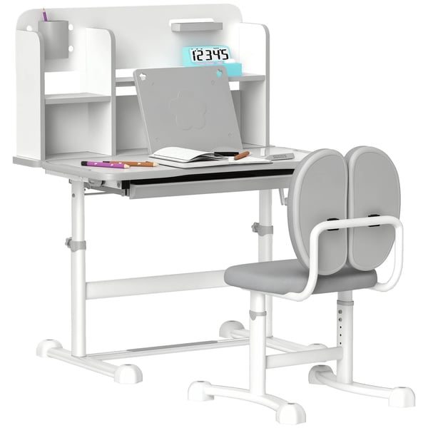 Barnskrivbord och stol - Set för barn 3+ - Justerbar höjd - Lutande bordsskiva - Låda och hyllor - Stoppat ryggstöd - 80×55×107,5 cm - Ljusgrå