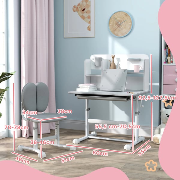 Barnskrivbord och stol - Set för barn 3+ - Justerbar höjd - Lutande bordsskiva - Låda och hyllor - Stoppat ryggstöd - 80×55×107,5 cm - Ljusgrå