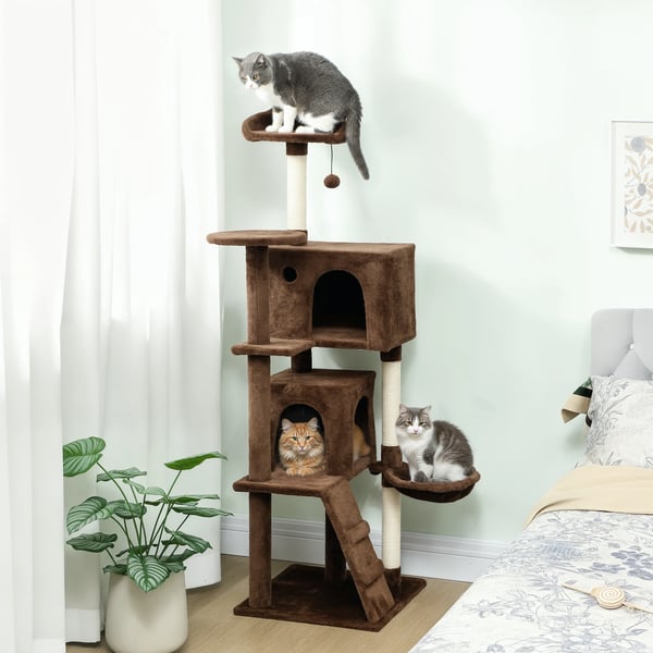 Kattklösträd - Katträd 160 cm - 4 Nivåer - 2 Grottor - Hängmatta & Stege - Sisalstolpar - Svart