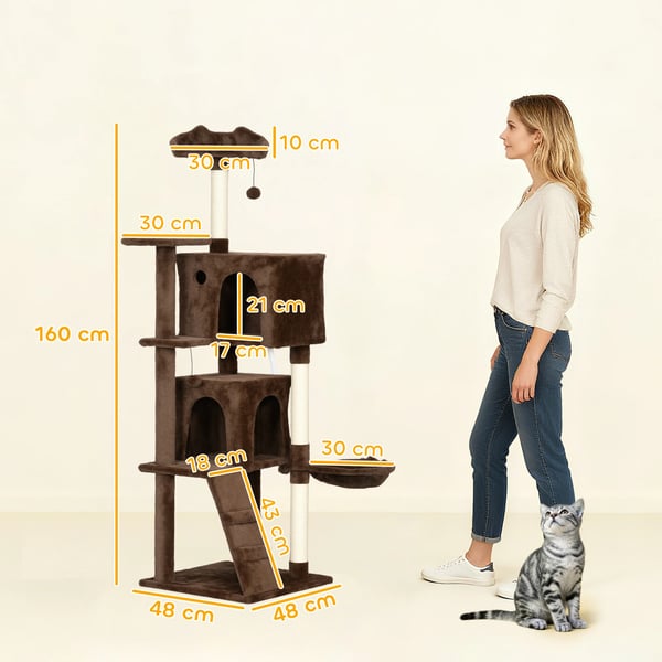 Kattklösträd - Katträd 160 cm - 4 Nivåer - 2 Grottor - Hängmatta & Stege - Sisalstolpar - Svart