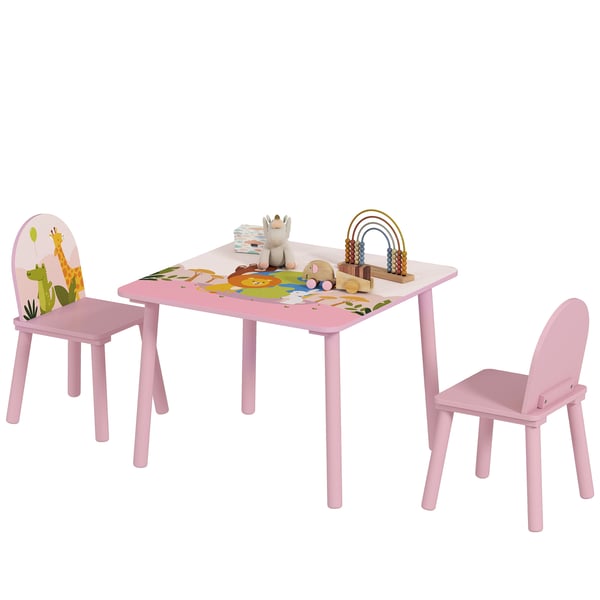 Barnbord med 2 stolar - Bord- och stolsset - Mått 60×60×44 cm - MDF & furu - För barn 3–8 år - Djurmotiv - Rosa