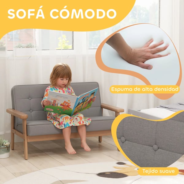 Barnsoffa - 2‑sits - Mjuk plysch - Stomme i gummiträ - Stoppad sits & rygg med armstöd - 77×42×48 cm - För barn 3+ - Ljusgrå