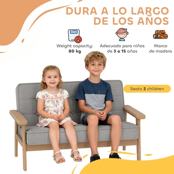 Barnsoffa - 2‑sits - Mjuk plysch - Stomme i gummiträ - Stoppad sits & rygg med armstöd - 77×42×48 cm - För barn 3+ - Ljusgrå