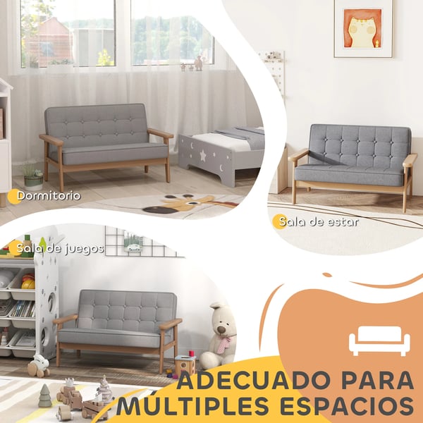 Barnsoffa - 2‑sits - Mjuk plysch - Stomme i gummiträ - Stoppad sits & rygg med armstöd - 77×42×48 cm - För barn 3+ - Ljusgrå