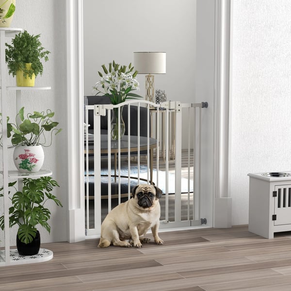 Hundgrind - Säkerhetsgrind - För dörrar & trappor - Justerbar 74–87 cm - Snap-on-montering - Dubbellås - Vit
