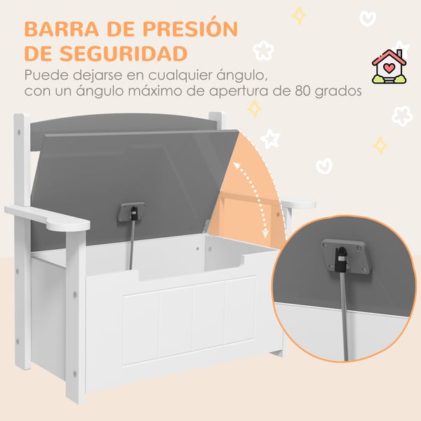 Förvaringsbänk för barn - Sittbänk - Med ryggstöd - Vadderat lock - Maxbelastning 30 kg - 68,5 x 34 x 58 cm - Grå