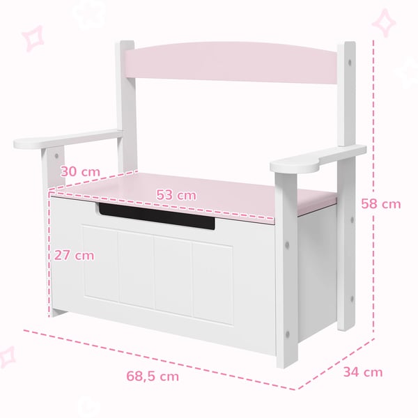 Förvaringsbänk för barn - Sittbänk med ryggstöd - Vadderat lock - Maxbelastning 30 kg - Mått 68,5 × 34 × 58 cm - Miljövänlig - Rosa