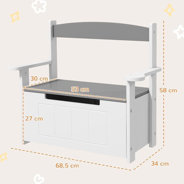 Förvaringsbänk för barn - Sittbänk - Med ryggstöd - Vadderat lock - Maxbelastning 30 kg - 68,5 x 34 x 58 cm - Grå