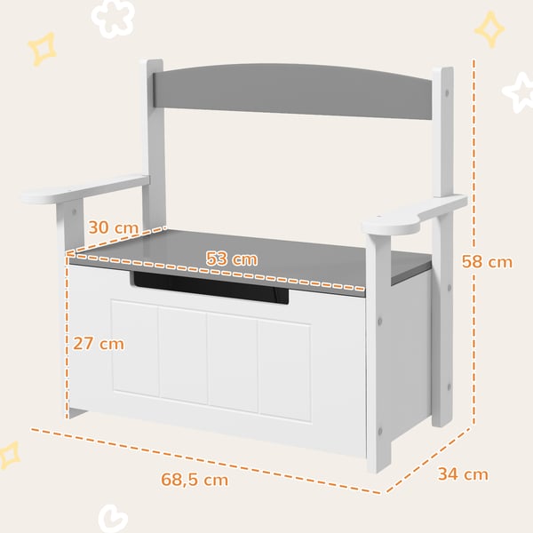 Förvaringsbänk för barn - Sittbänk - Med ryggstöd - Vadderat lock - Maxbelastning 30 kg - 68,5 x 34 x 58 cm - Grå
