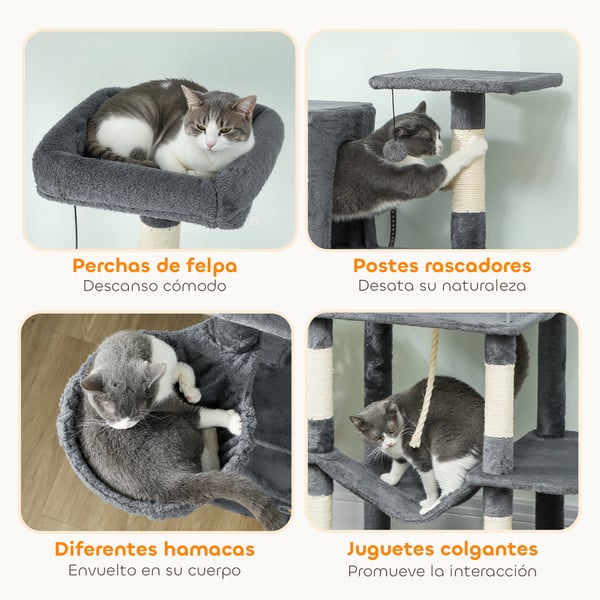 Kattmöbel - Klösträd Katträd - 202 cm Höjd - 5 Nivåer - Plattformar Säng Grottor - Spånskiva & Plysch - Grå