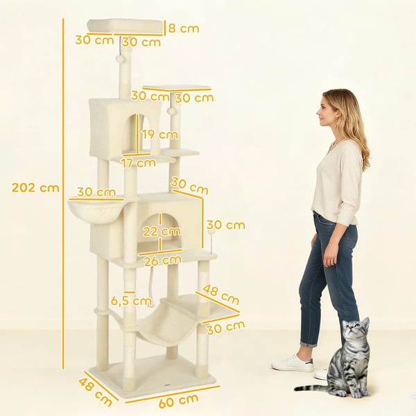Katträd - Klösträd - 202 cm Höjd - 5 Nivåer - Plattformar, Säng & Grottor - Spånskiva & Plysch - Vit