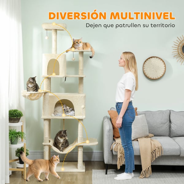 Katträd - Klösträd - 202 cm Höjd - 5 Nivåer - Plattformar, Säng & Grottor - Spånskiva & Plysch - Vit