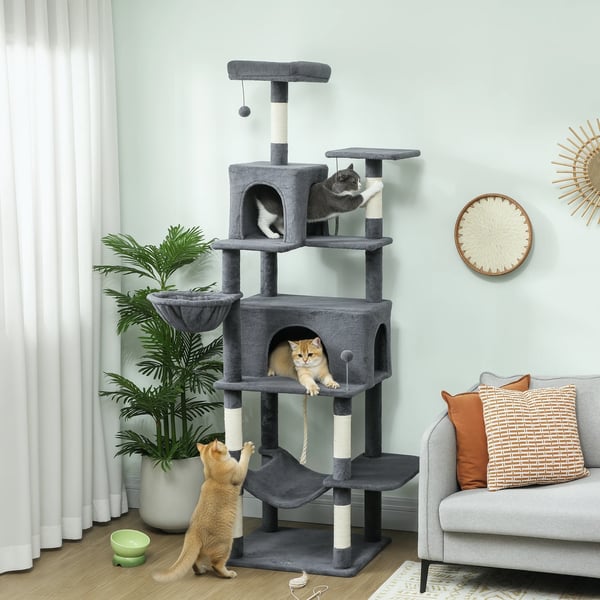 Kattmöbel - Klösträd Katträd - 202 cm Höjd - 5 Nivåer - Plattformar Säng Grottor - Spånskiva & Plysch - Grå