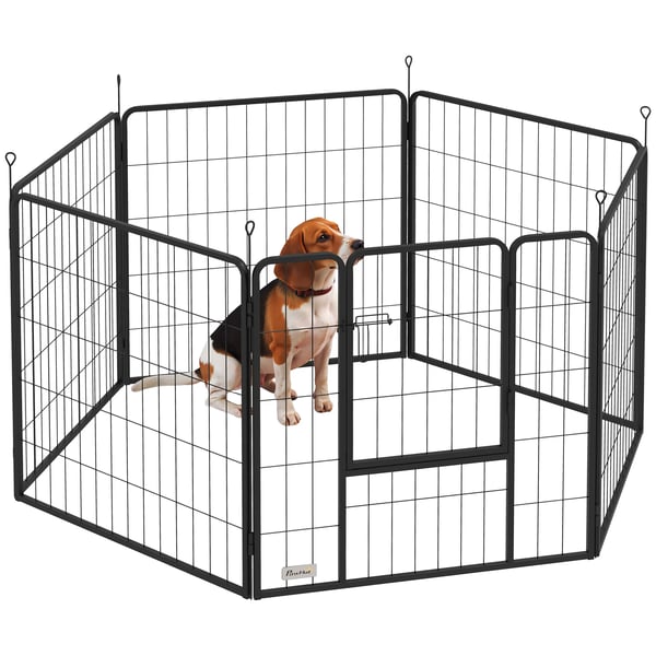 Hundhage / Valphage - Stålhage - 6 Paneler - 80 cm Hög - Vikbar - Med Dörr - Inne & Ute - Svart