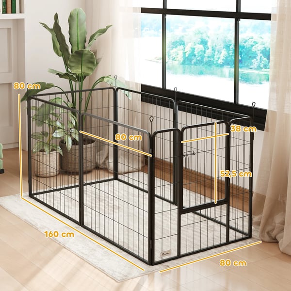 Hundhage / Valphage - Stålhage - 6 Paneler - 80 cm Hög - Vikbar - Med Dörr - Inne & Ute - Svart