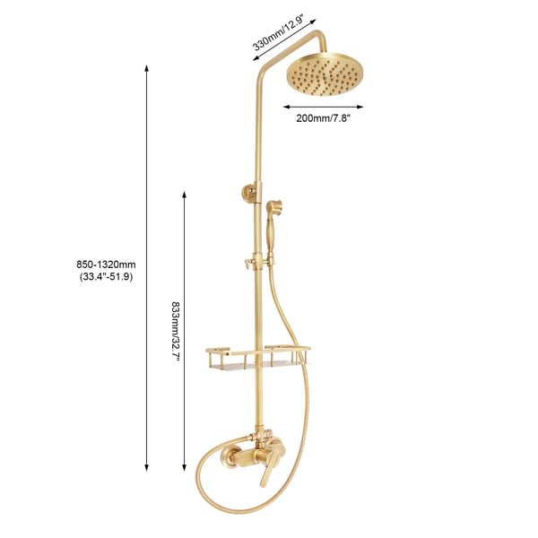 Brusesystem - Vægmonteret brusesæt - Vintage-stil - Regnbruser 360° - Håndbruser - Justerbar højde 85–132 cm - Brusehoved Ø20 cm - Messing